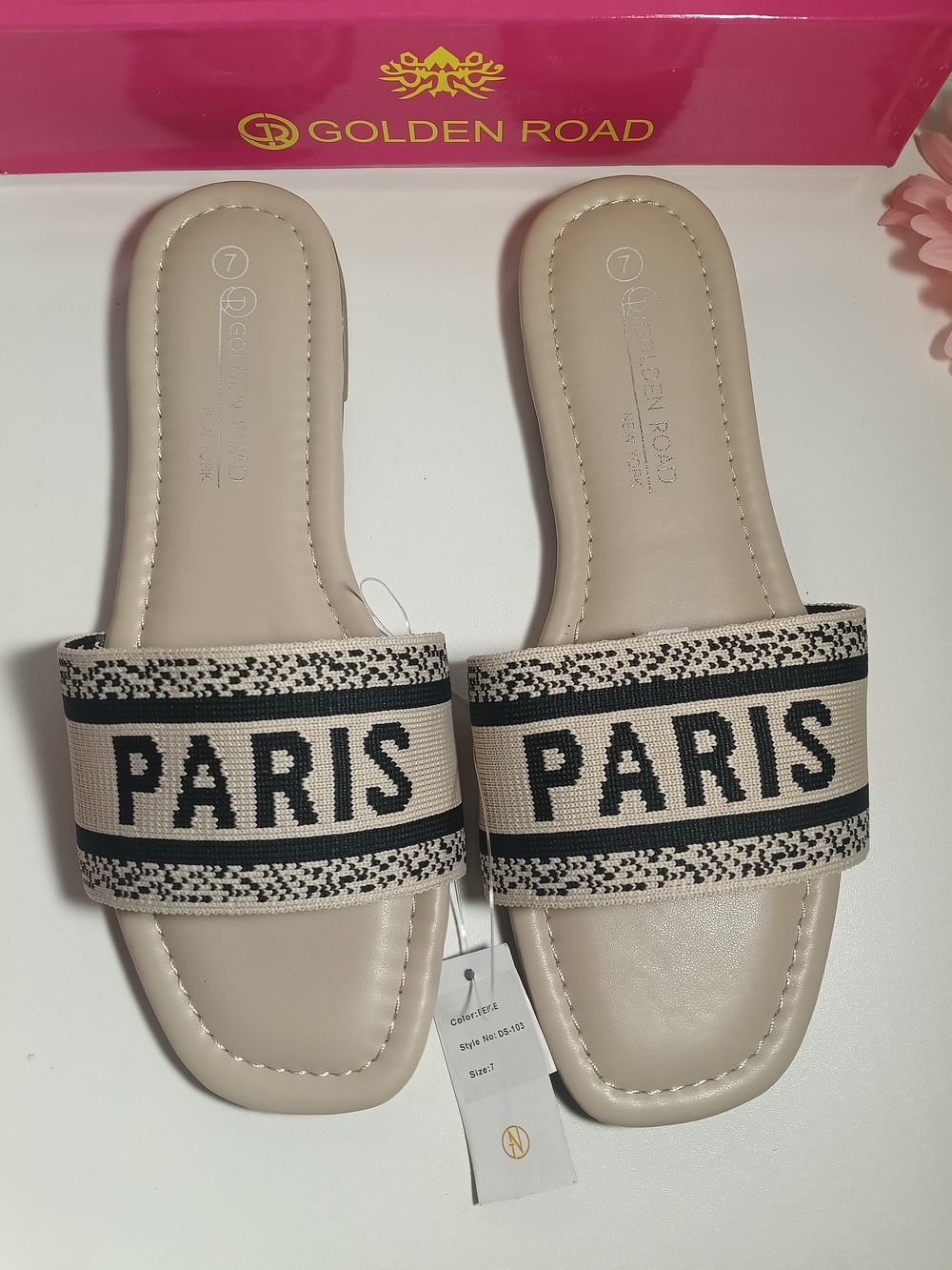 Golden Road New York "PARIS" Embroidered Canvas Slide Sandals - Beige Size 7